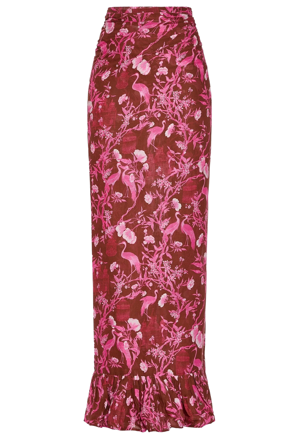 Floral and bird patterned skirt on a white background