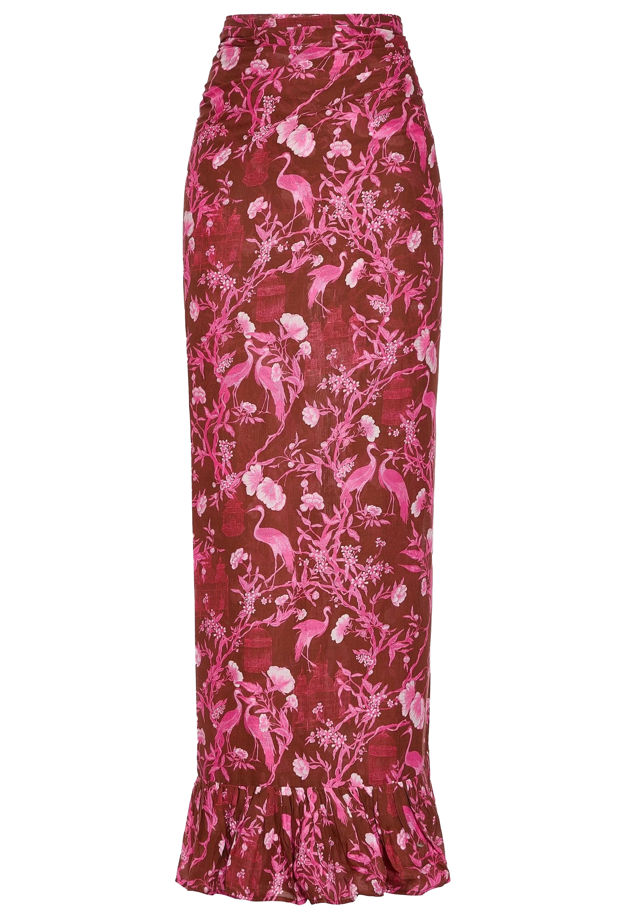 Floral and bird patterned skirt on a white background