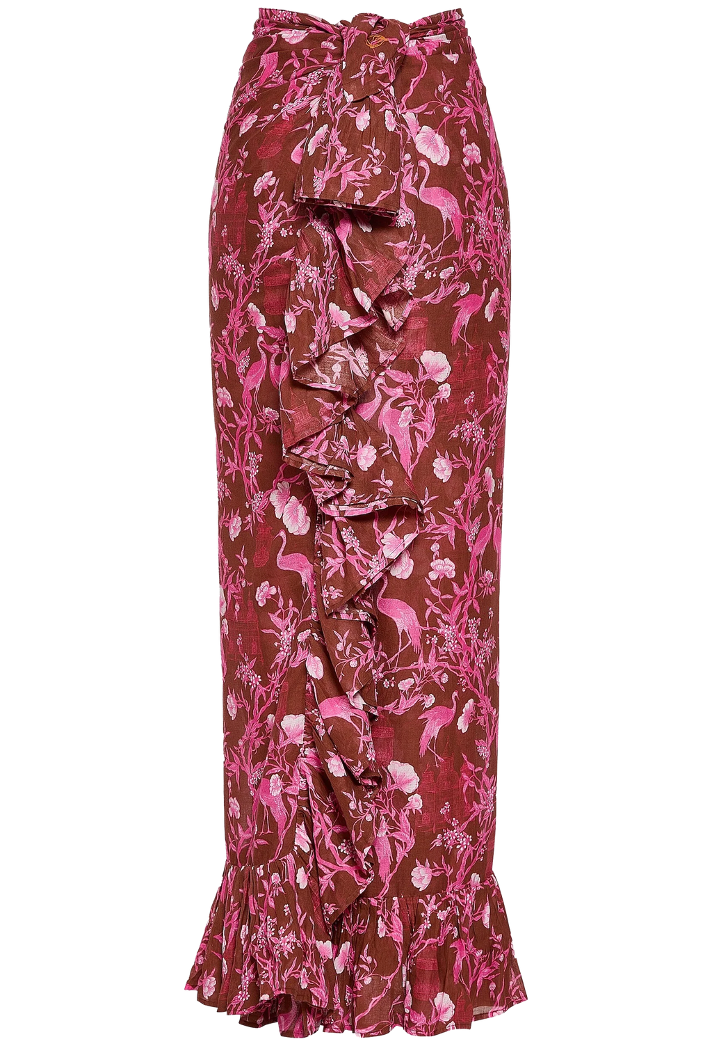 Floral patterned skirt with ruffles on a white background