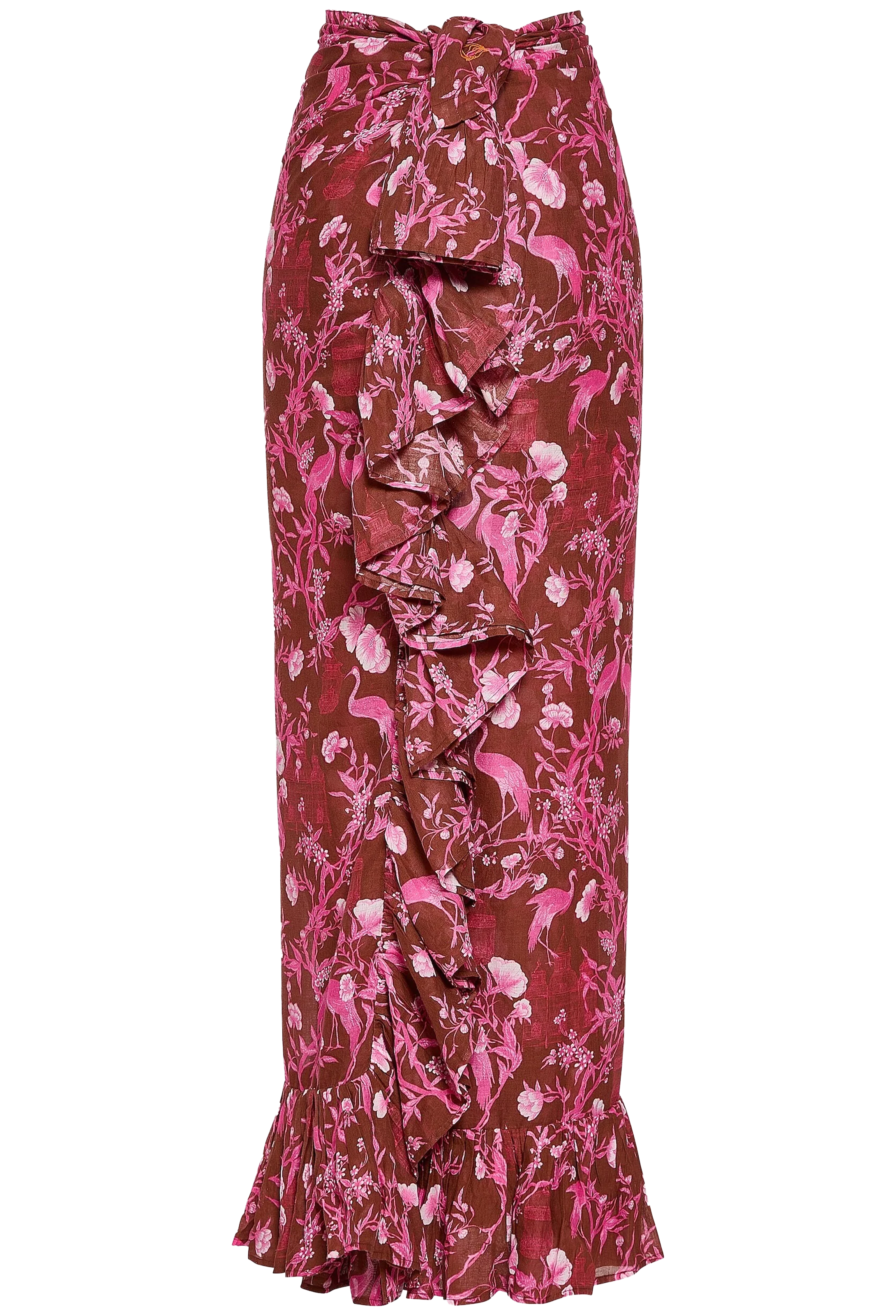 Floral patterned skirt with ruffles on a white background