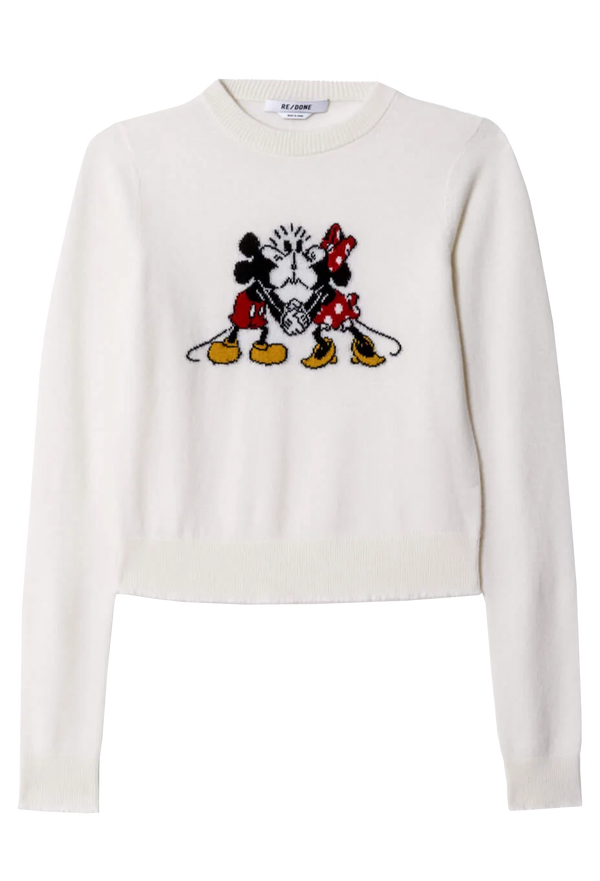 a mickey mouse cashmere crewneck on a white background