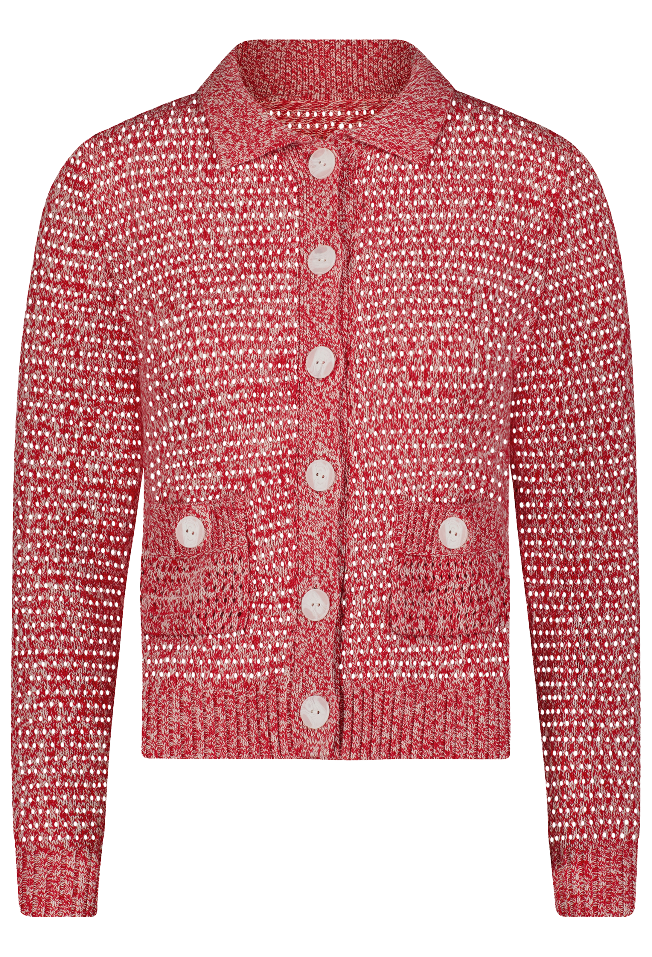 a red knit cardigan on a white background