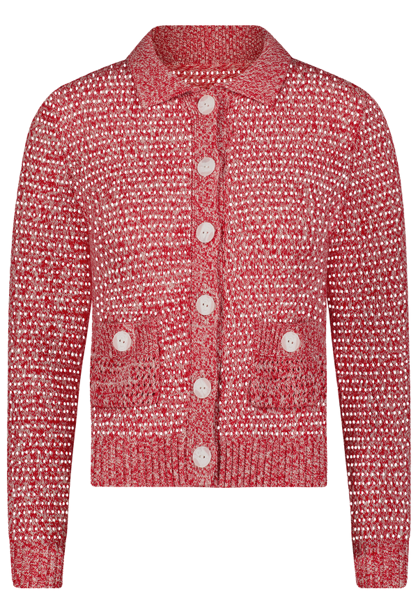a red knit cardigan on a white background