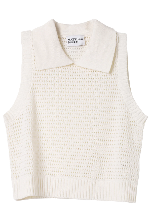 a white mesh knit collared tank top on a white background