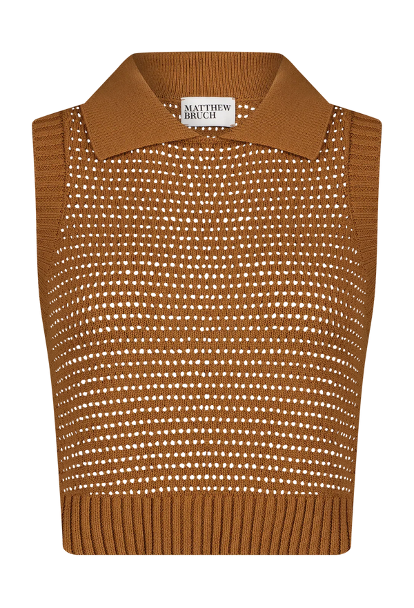 a brown mesh knit collared tank top on a white background