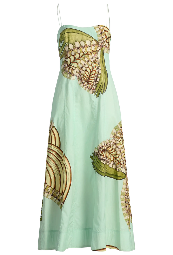 Mint green strapless dress with floral patterns on a white background