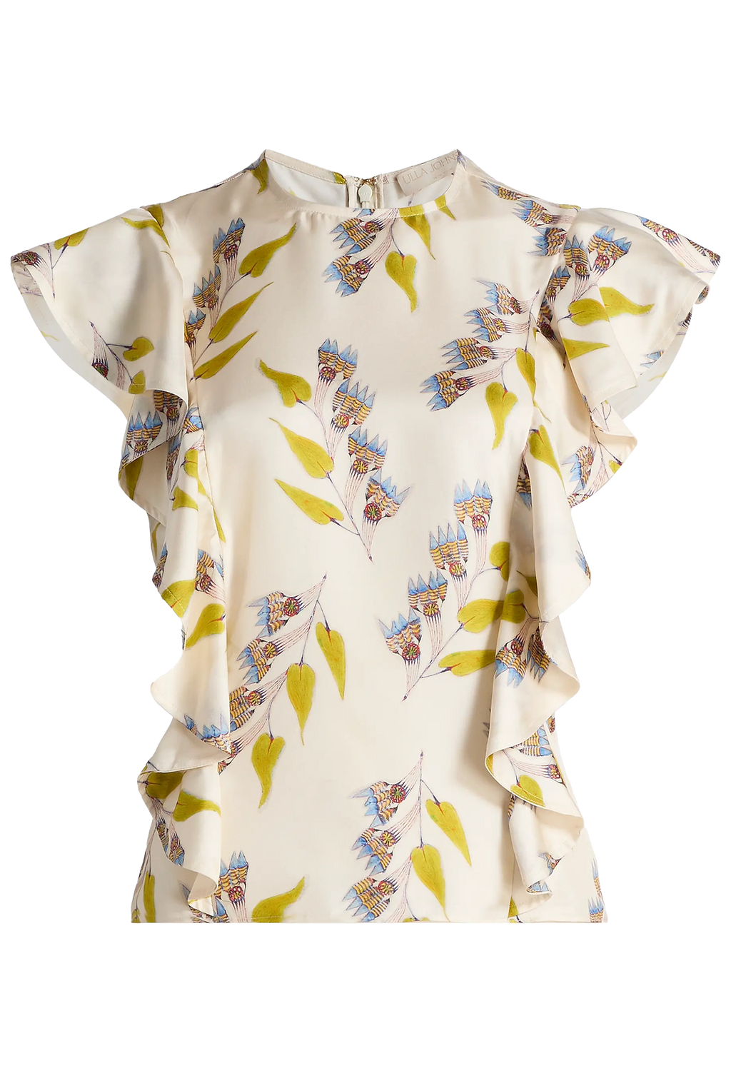 Floral patterned blouse with ruffled sleeves on a white background