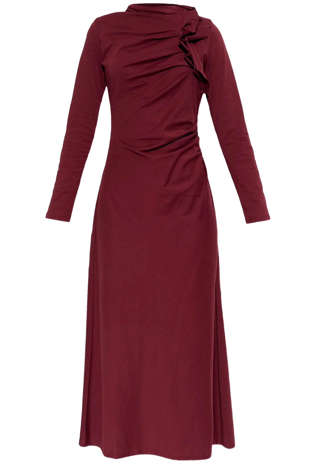 Maroon dress with long sleeves on a white background