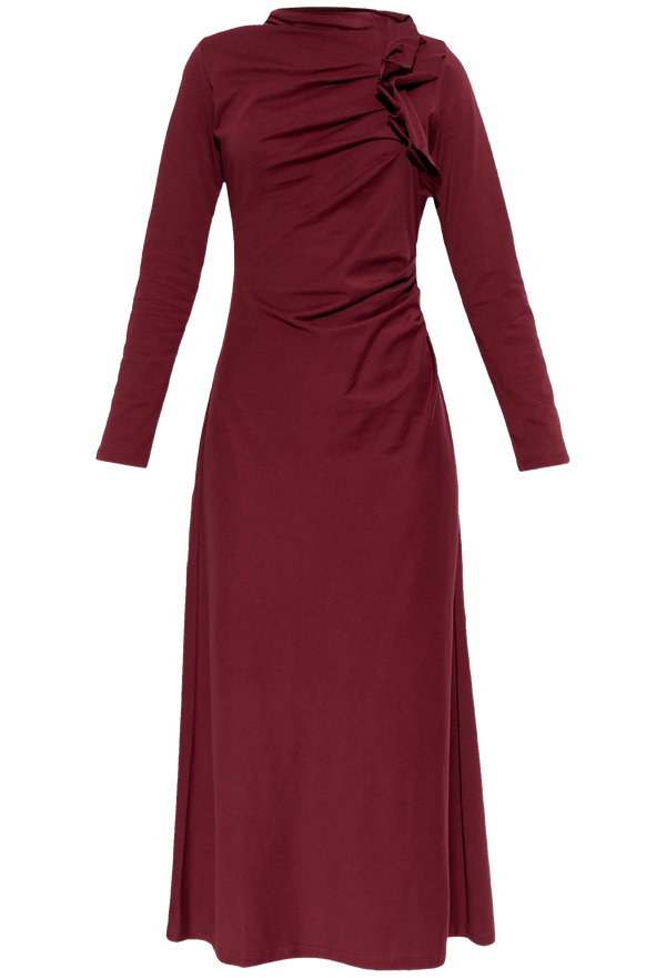 Maroon dress with long sleeves on a white background
