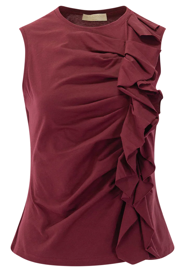 Maroon sleeveless top with ruffle detail on a white background