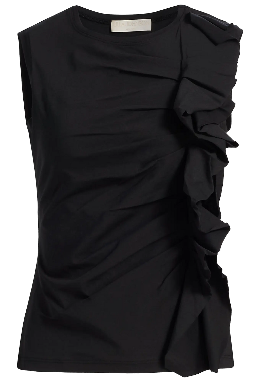 Black sleeveless top with ruffle detail on a white background