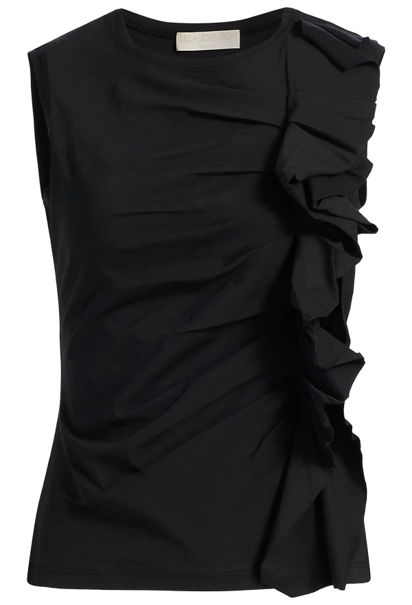 Black sleeveless top with ruffle detail on a white background