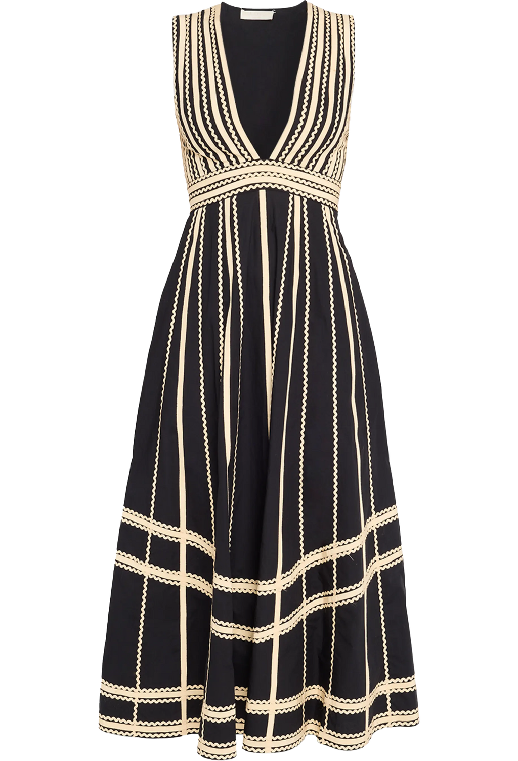 Black dress with gold stripes on a white background