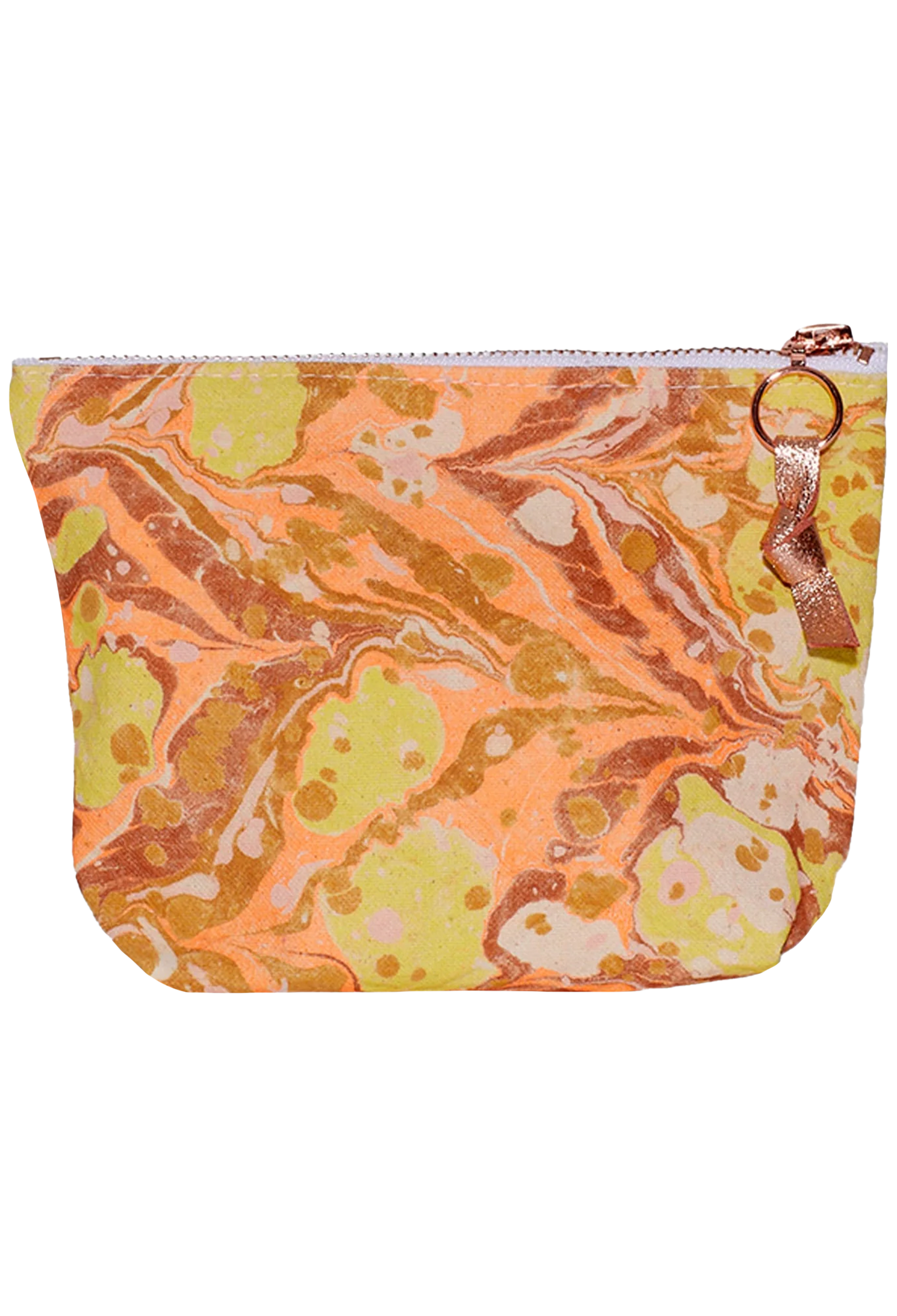 Marbled patterned pouch with a zipper on a white background