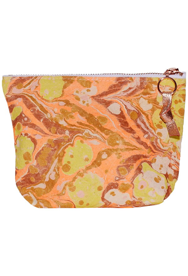 Marbled patterned pouch with a zipper on a white background