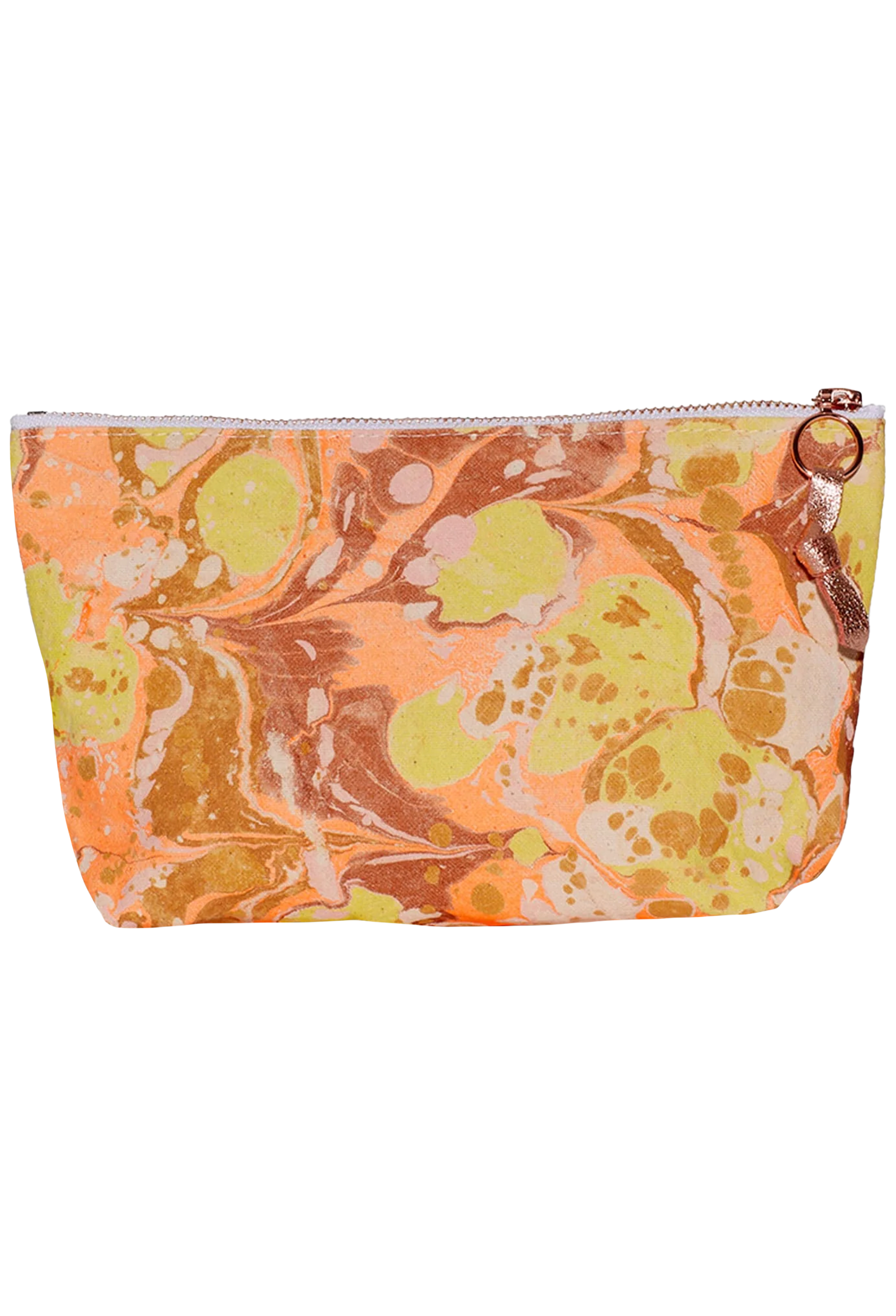 Marbled patterned pouch with a zipper on a white background