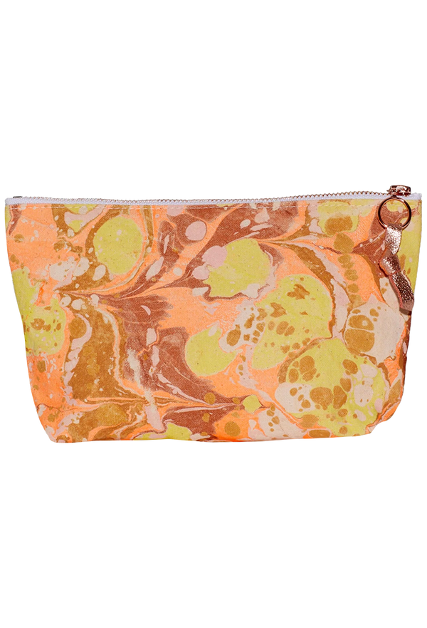 Marbled patterned pouch with a zipper on a white background