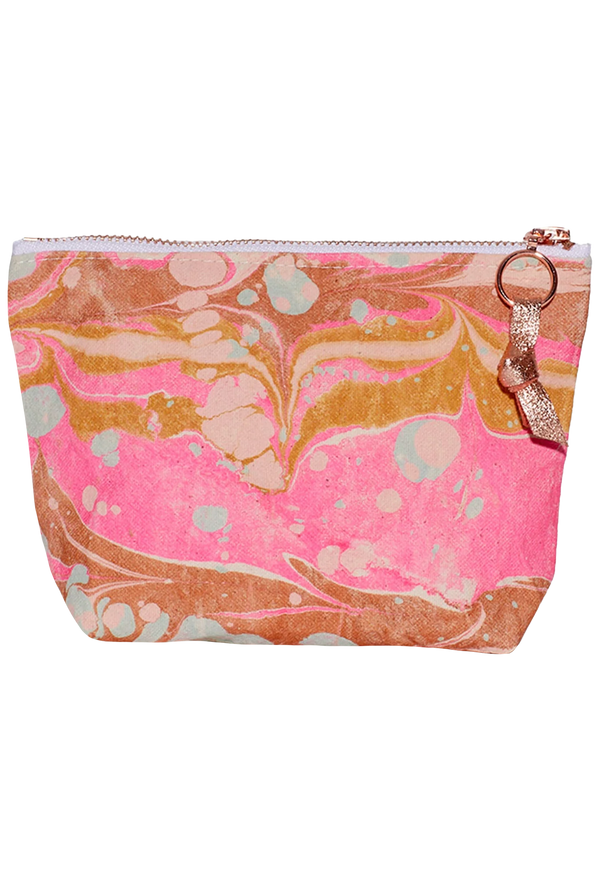 Marbled pink and orange pouch with a rose gold zipper on a white background