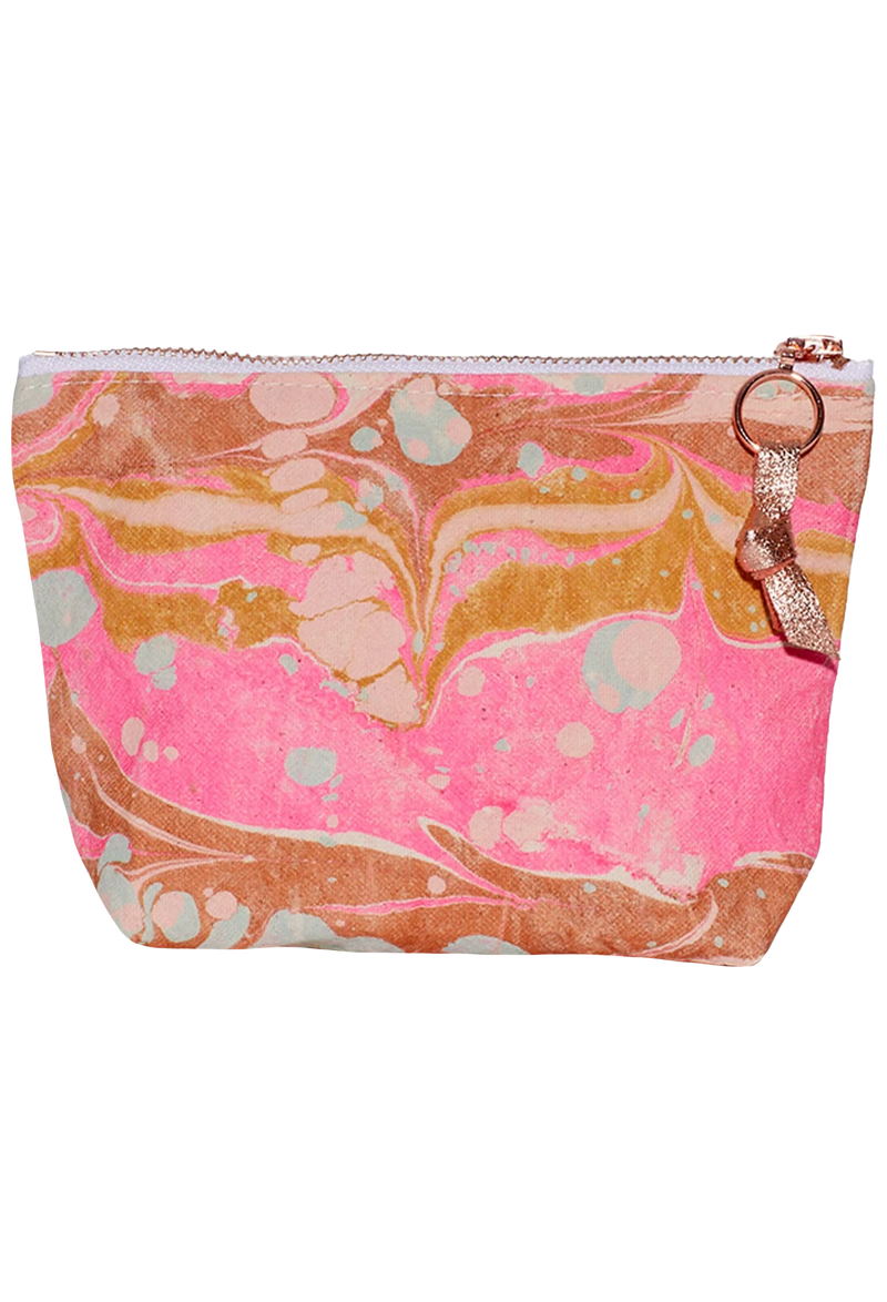 Marbled pink and orange pouch with a rose gold zipper on a white background