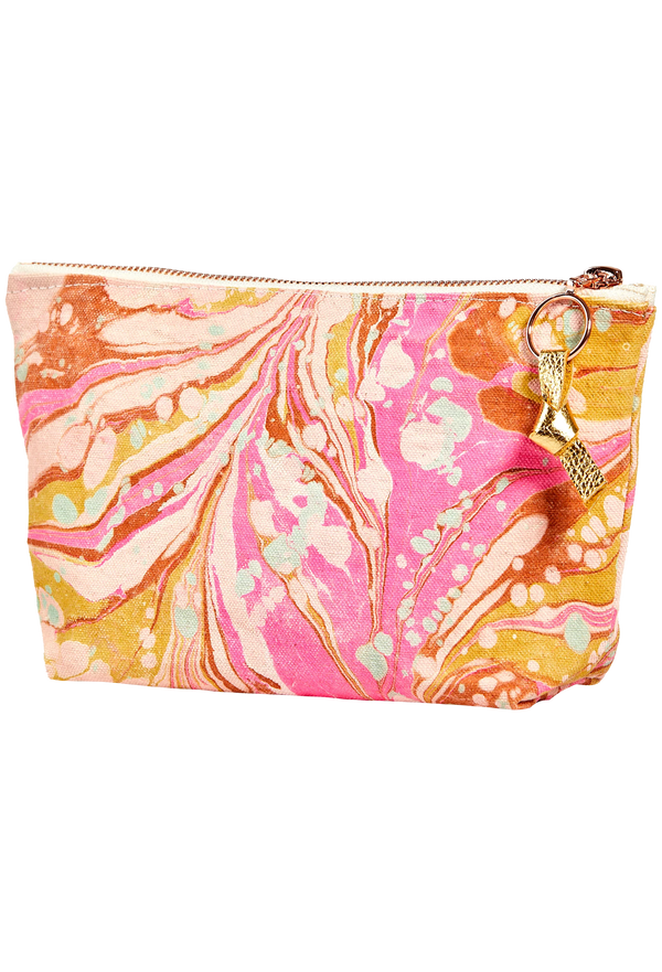 Marbled pink and orange pouch with a keychain on a white background