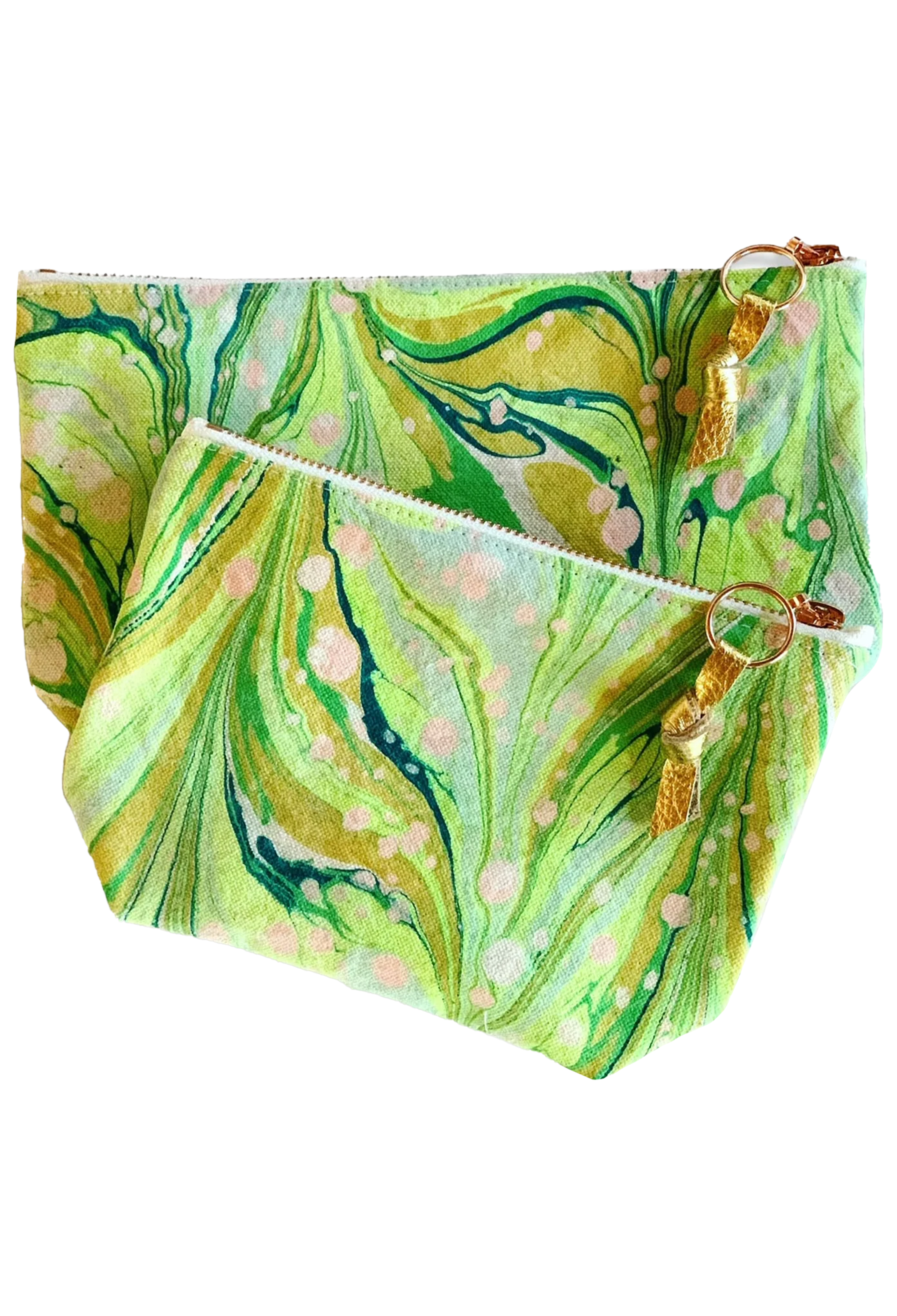 Green marbled pouch with a gold zipper on a white background