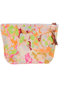 Multicolored floral patterned pouch with a gold zipper on a white background