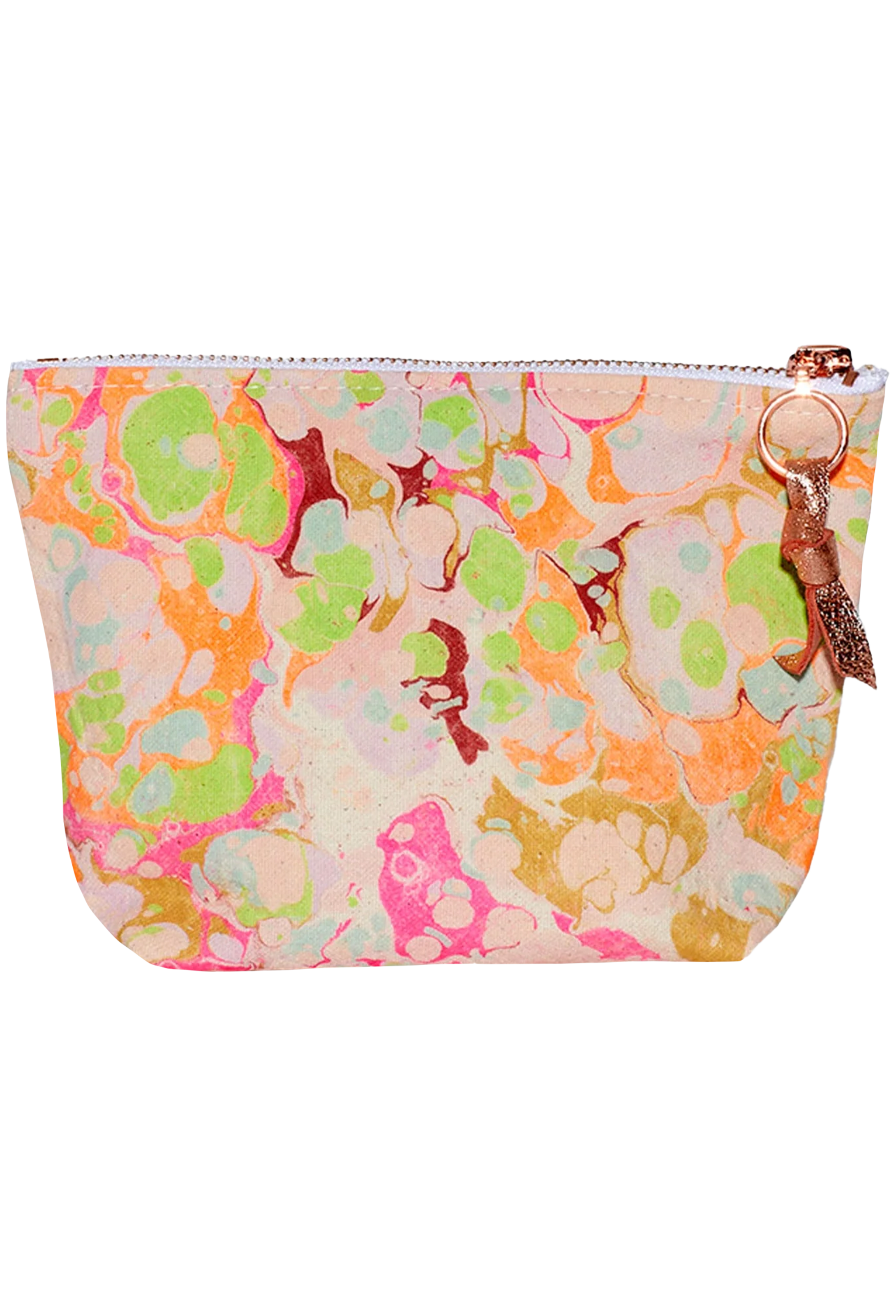 Multicolored floral patterned pouch with a gold zipper on a white background