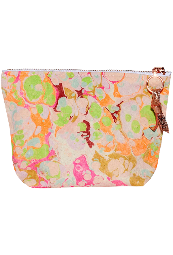Multicolored floral patterned pouch with a gold zipper on a white background