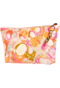 Colorful pouch with abstract design and keychain on a white background