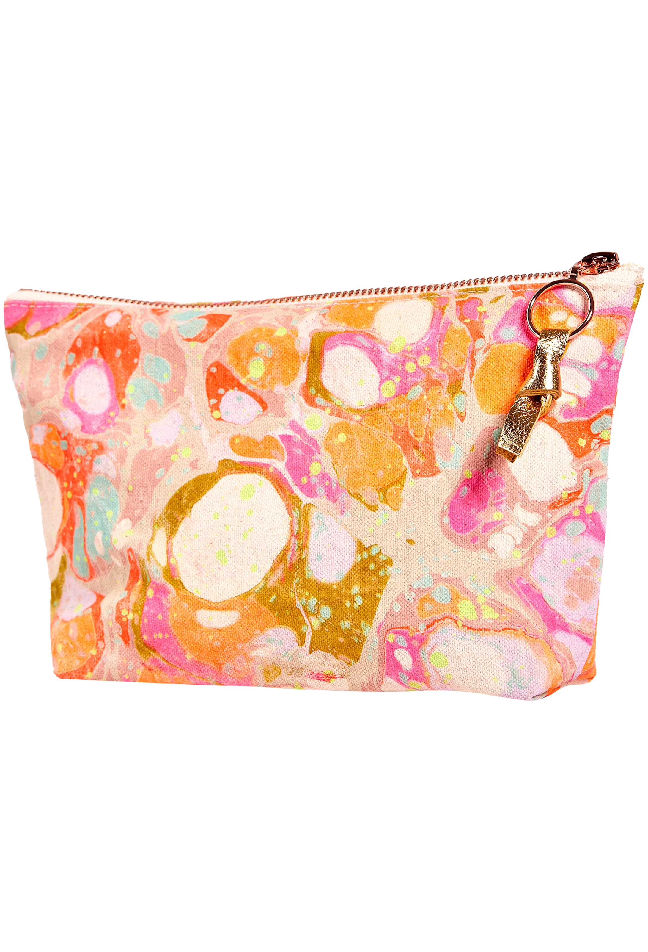 Colorful pouch with abstract design and keychain on a white background
