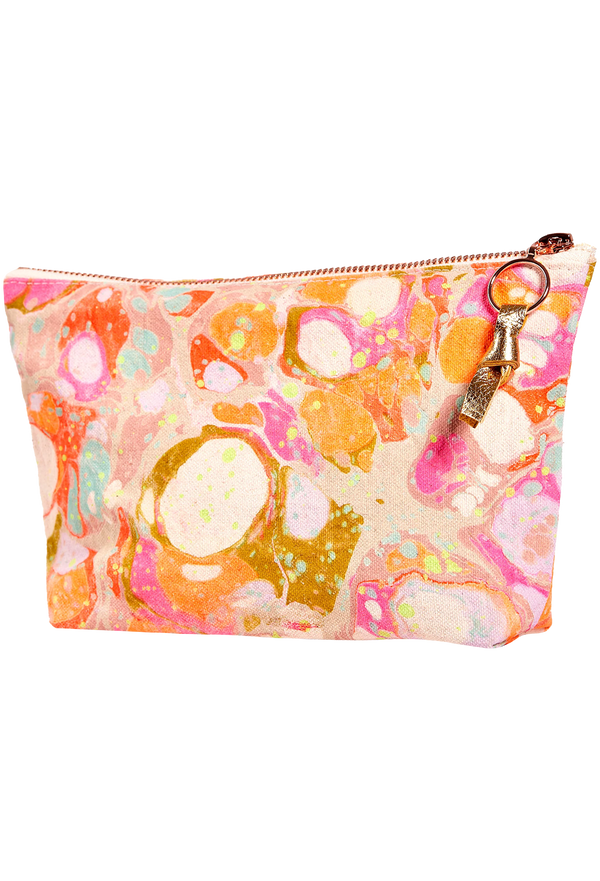 Colorful pouch with abstract design and keychain on a white background