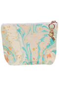 Marbled patterned pouch with a keychain on a white background