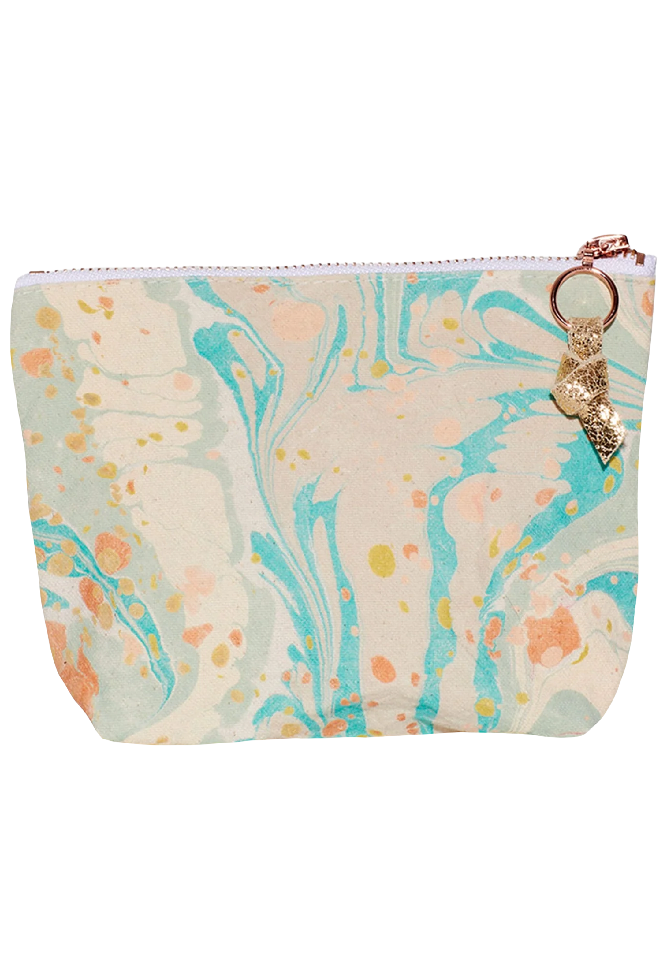 Marbled patterned pouch with a keychain on a white background