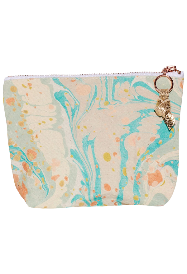 Marbled patterned pouch with a keychain on a white background