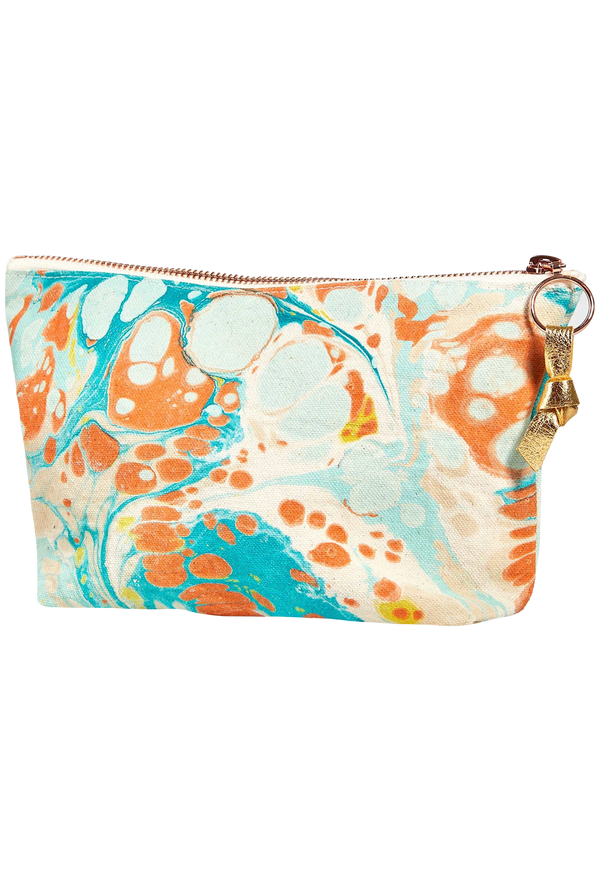 Colorful pouch with a floral pattern on a white background
