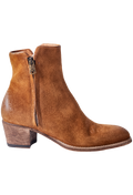 Brown suede ankle boot with a zipper on a white background