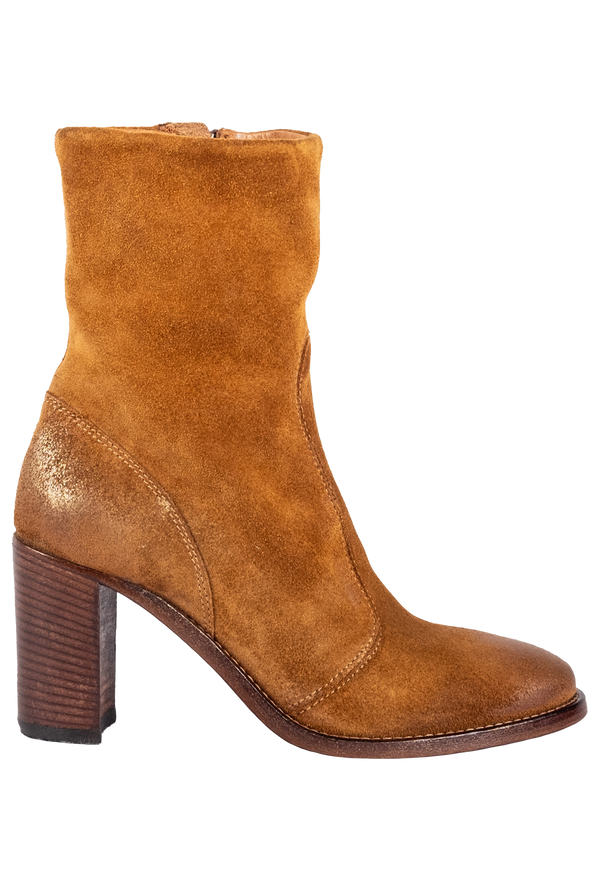 Brown suede ankle boot with a block heel on a white background