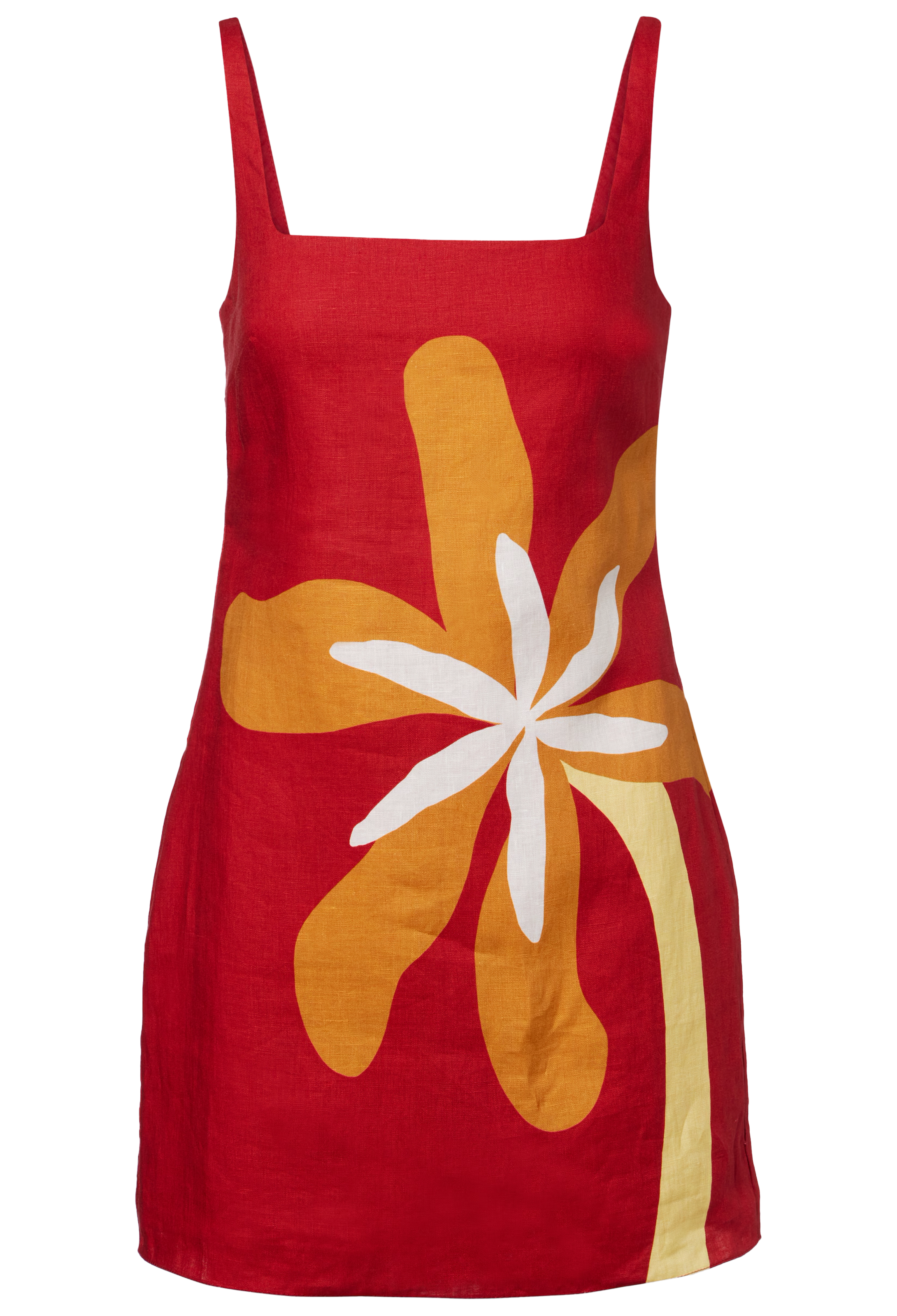 Red dress with a large orange and white floral design on a white background