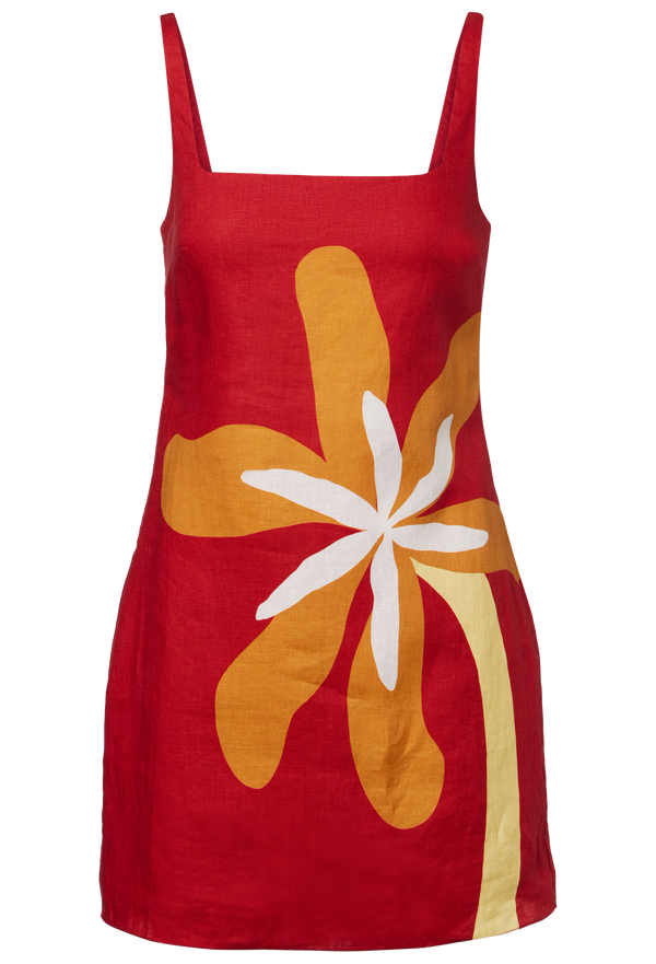 Red dress with a large orange and white floral design on a white background