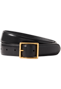 Black leather belt with a gold buckle on a white background
