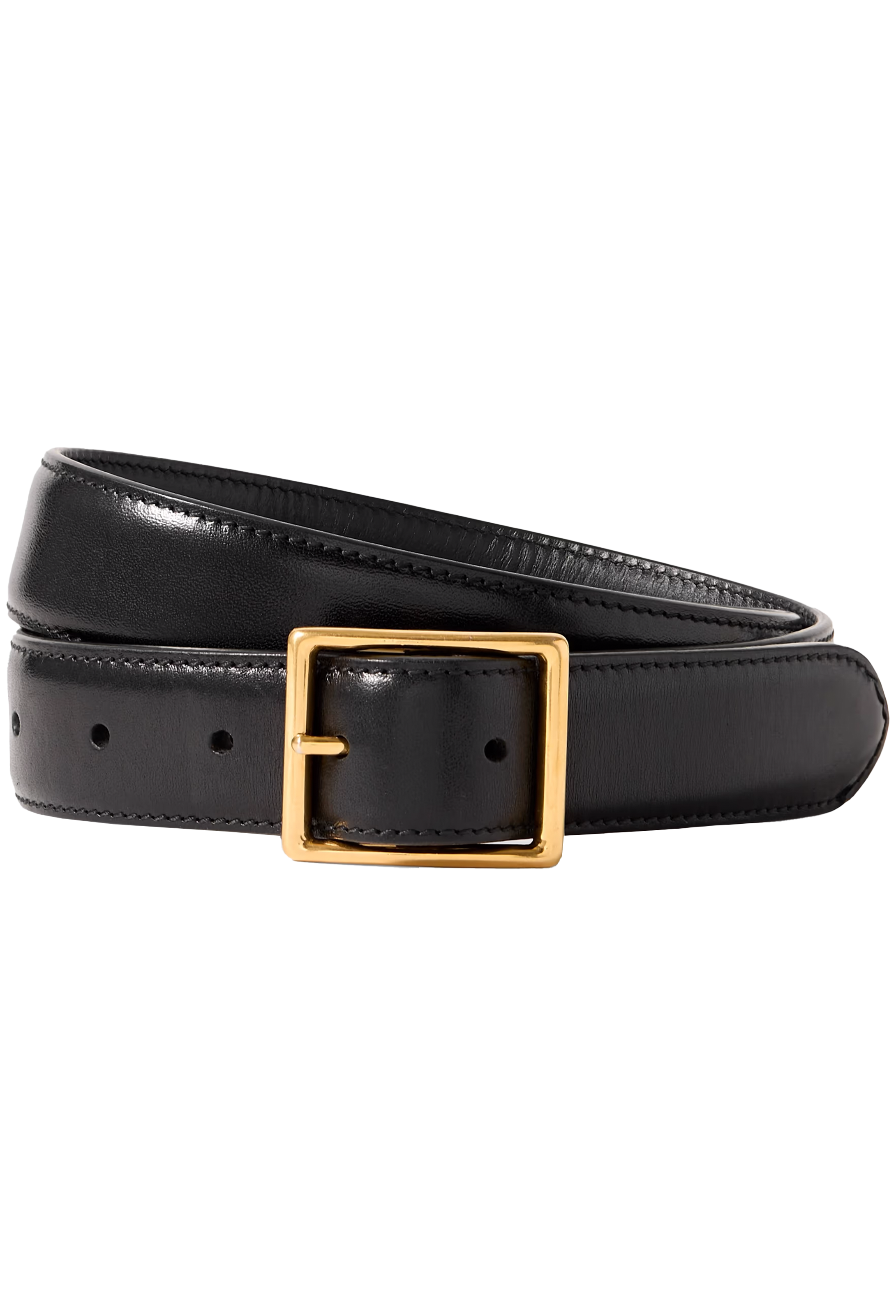 Black leather belt with a gold buckle on a white background