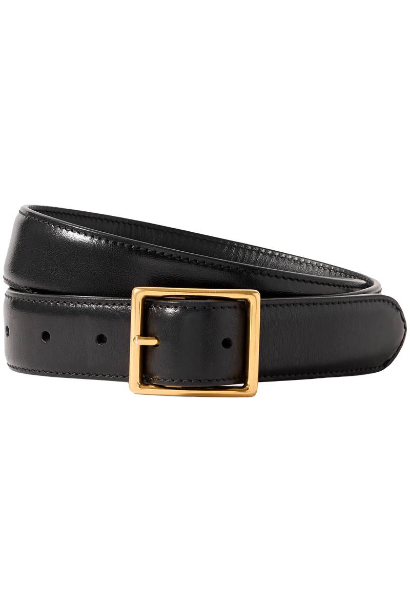 Black leather belt with a gold buckle on a white background