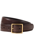 Brown leather belt with a gold buckle on a white background