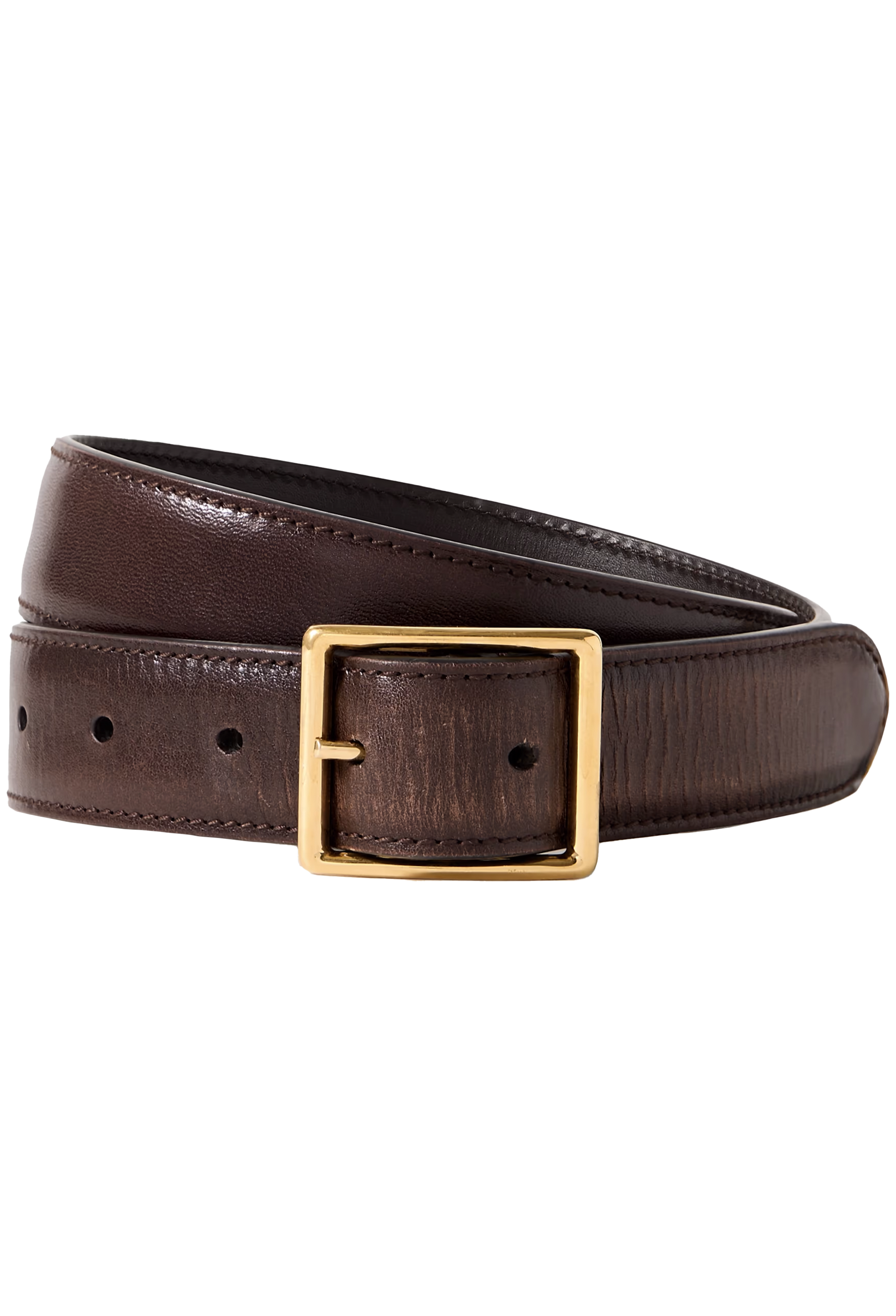 Brown leather belt with a gold buckle on a white background