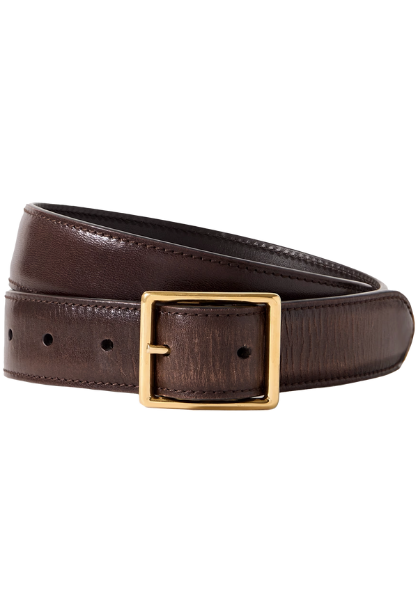 Brown leather belt with a gold buckle on a white background