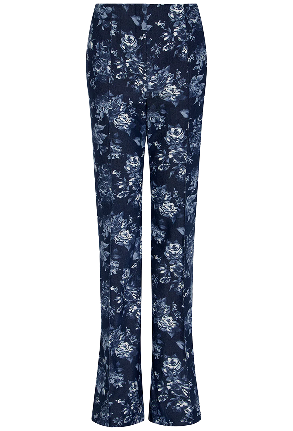 Navy blue floral-patterned pants on a white background