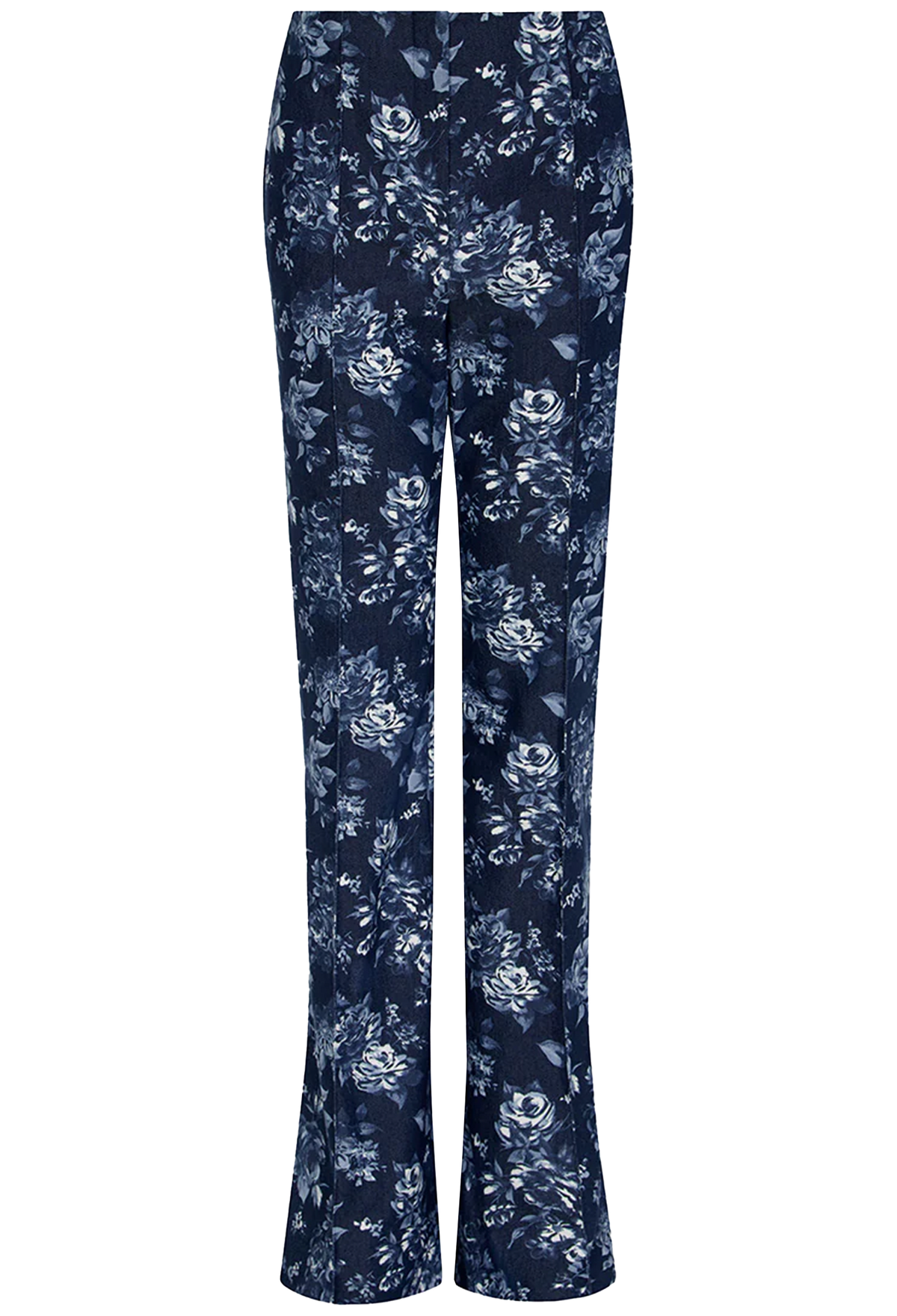 Navy blue floral-patterned pants on a white background