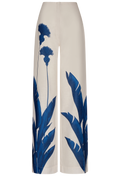 White pants with blue floral pattern on a white background