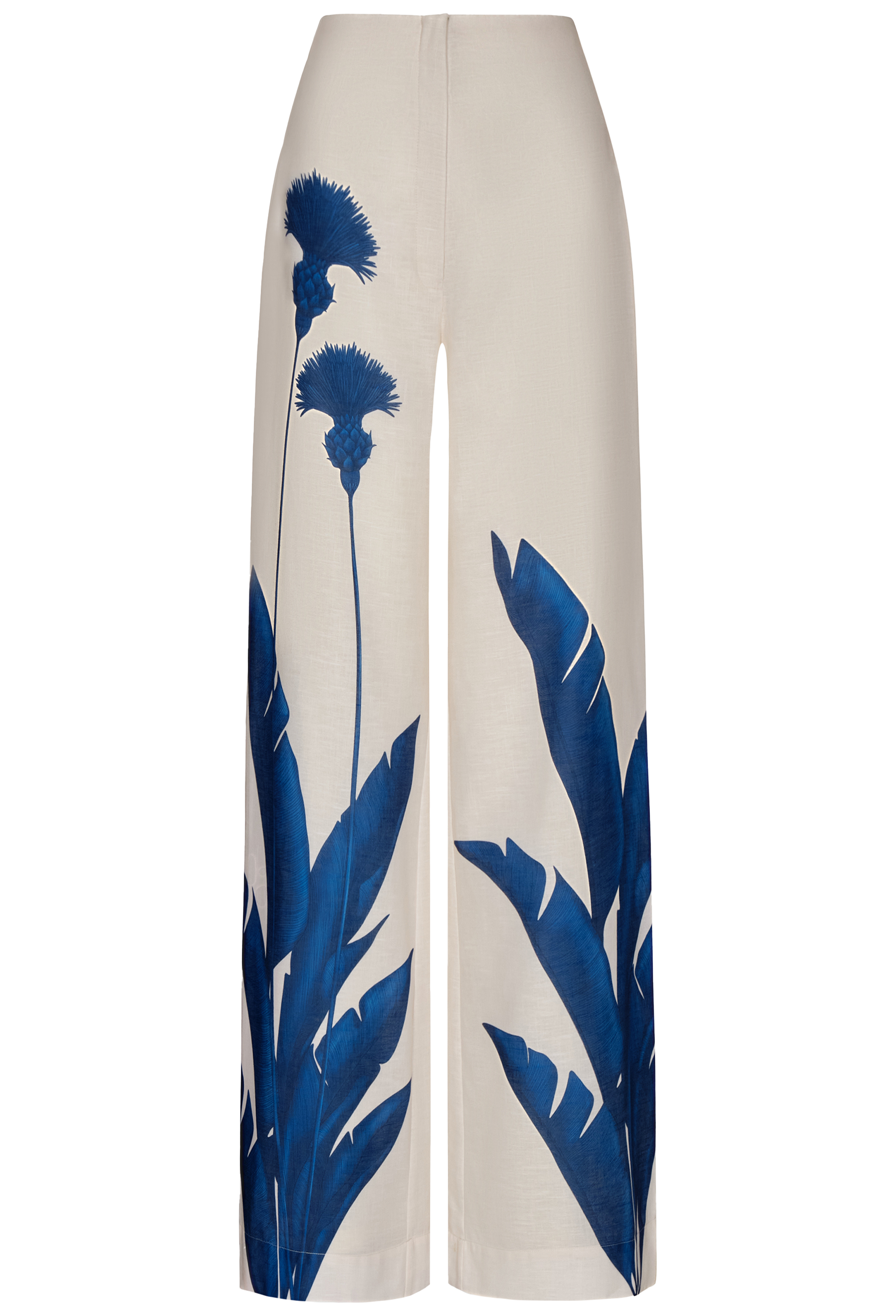 White pants with blue floral pattern on a white background