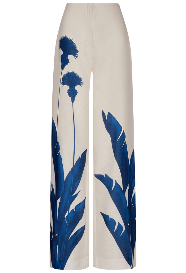 White pants with blue floral pattern on a white background